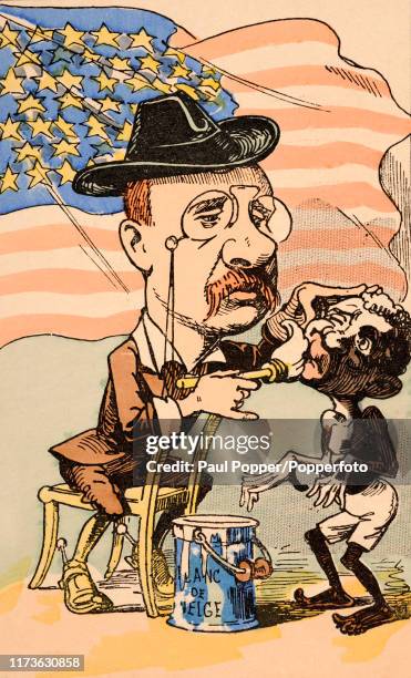 Vintage postcard illustration depicting US President Theodore Roosevelt white-washing a black man - a possible reference to the 'lily-white' aspects...
