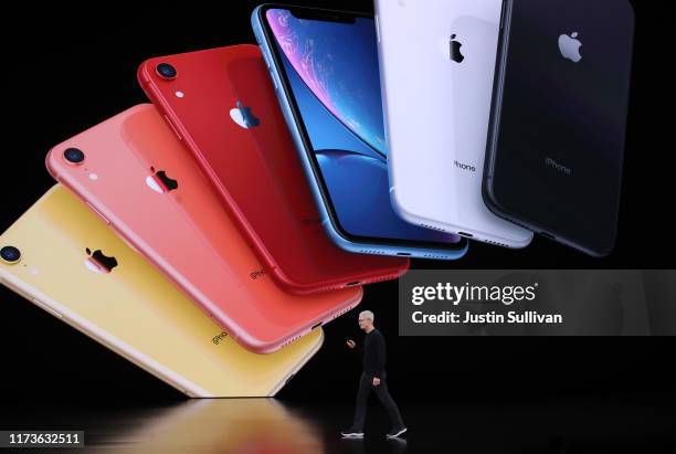 Apple CEO Tim Cook announces the new iPhone 11 as he delivers the keynote address during a special event on September 10, 2019 in the Steve Jobs...