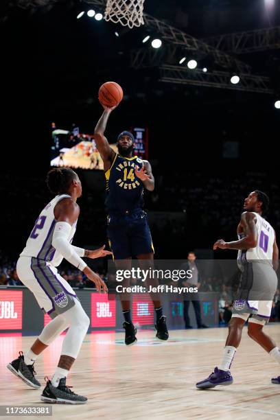 JaKarr Sampson of the Indiana Pacers shoots the ball against the Sacramento Kings on October 4, 2019 at NSCI Dome in Mumbai, India. NOTE TO USER:...