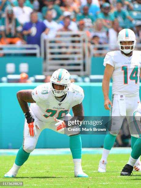 Julie'n Davenport of the Miami Dolphins in action against the Baltimore Ravens at Hard Rock Stadium on September 08, 2019 in Miami, Florida.