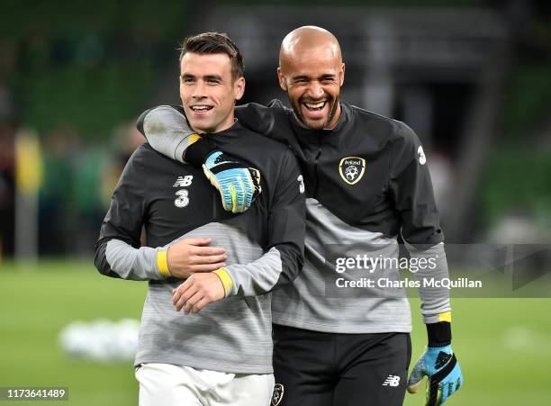 Darren Randolph and Seamus Coleman of Ireland share a joke during the International Friendly match between Republic of Ireland and Bulgaria at Aviva...