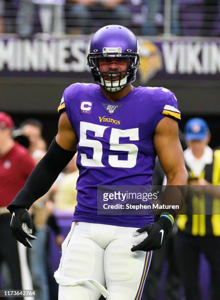Anthony Barr of the Minnesota Vikings on the field in the first quarter of the game against the Atlanta Falcons at U.S. Bank Stadium on September 8,...