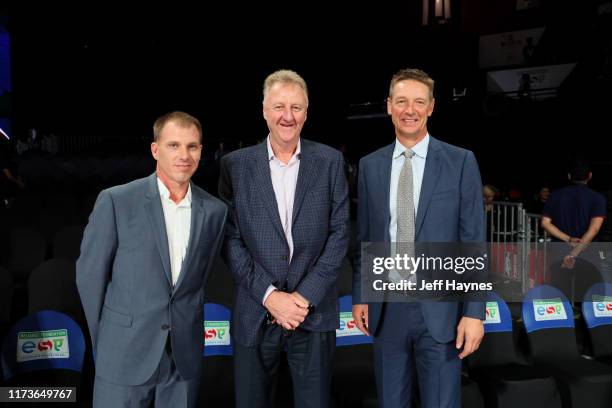 Retired NBA Players, Jason Williams, Larry Bird, and Detlef Schrempf attend the game between the Sacramento Kings and the Indiana Pacers on October...