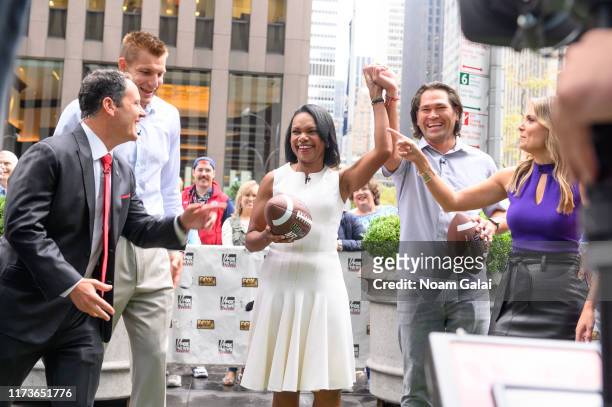 Brian Kilmeade, Rob Gronkowski, Condoleeza Rice, Johnny Damon visit "FOX & Friends" at Fox News Channel Studios on September 10, 2019 in New York...