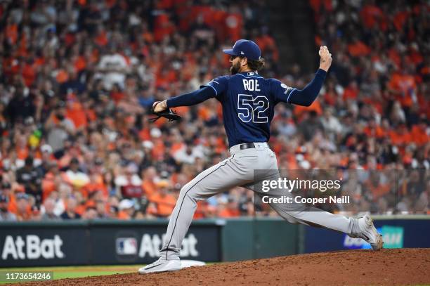 Chaz Roe of the Tampa Bay Rays pitches during the ALDS Game 1 between the Tampa Bay Rays and the Houston Astros at Minute Maid Park on Friday,...