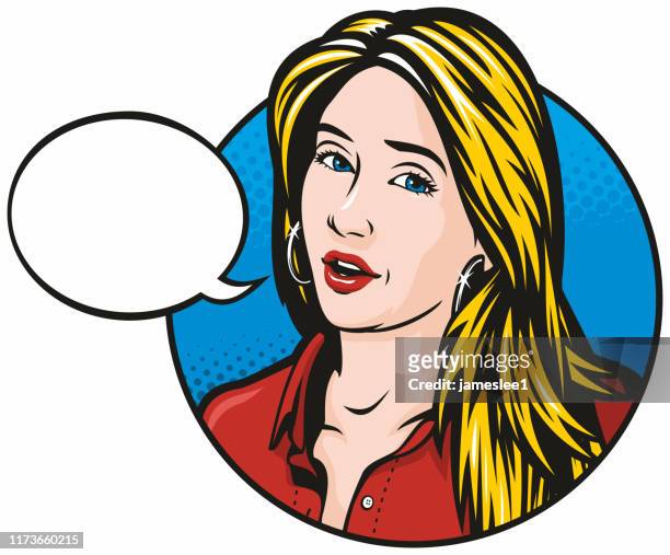 pop-art-illustration einer strengen frau im gespräch - blonde woman stock-grafiken, -clipart, -cartoons und -symbole