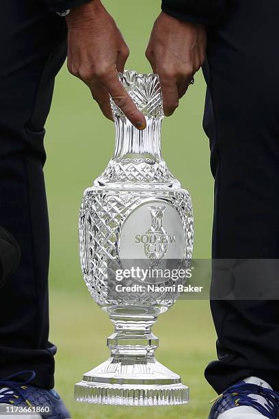 Detailed view of Team Europe Captain Catriona Matthew holds the Solheim Cup Trophy during the Official team photo call during practice day 2 for The...