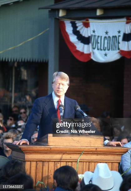 Democratic Party nominee Jimmy Carter speaks to supporters in his home town of Plains georgia on election night in November 1976.