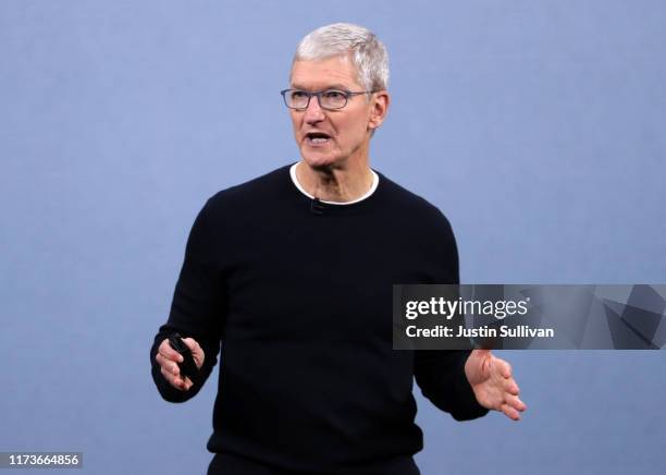 Apple CEO Tim Cook delivers the keynote address during a special event on September 10, 2019 in the Steve Jobs Theater on Apple's Cupertino,...