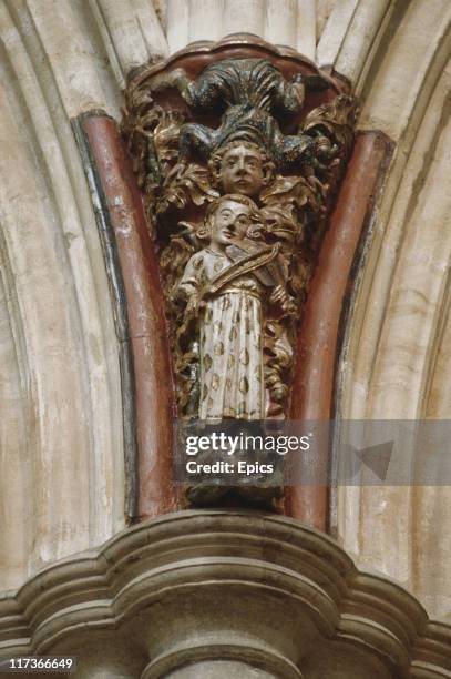 Carving above the nave pier in Exeter cathedral, Devin, England, circa 1990.