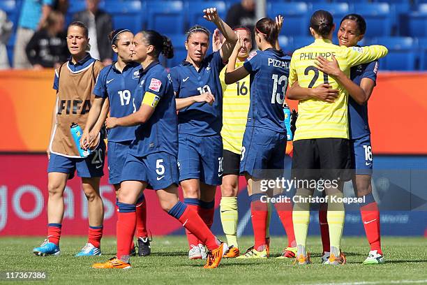 The team of France celebrates the 1-0 victory after the FIFA Women's World Cup 2011 Group A match between Nigeria and France at Rhein-Neckar Arena on...