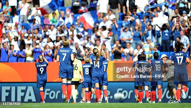 Louisa Necib of France and her team mates celebrate with their fans after winning the FIFA Women's World Cup 2011 Group A match between Nigeria and...