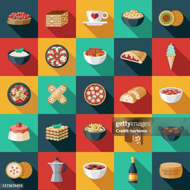 ilustraciones, imágenes clip art, dibujos animados e iconos de stock de conjunto de icono de comida italiana - spaghetti bolognese