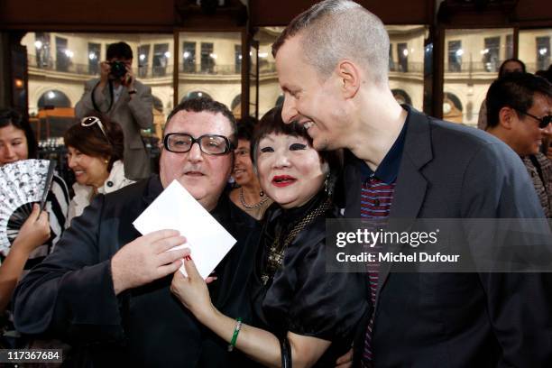 Albert Elbaz, Me Shaw-Lan Wang and Lucas Ossendrijver after the Lanvin Menswear Spring/Summer 2012 show as part of Paris Fashion Week at Lycee Turgot...