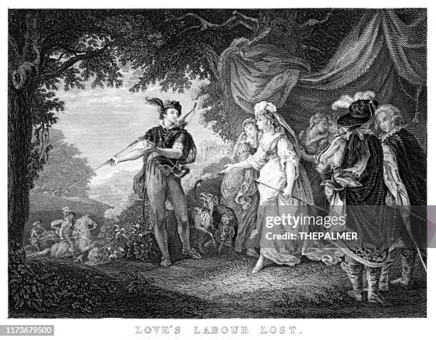 love's labour day  - shakespeare engraving 1883 - shakespeare portrait stock illustrations