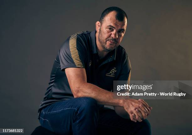 Michael Cheika, Head Coach of Australia poses for a portrait during the Australia Rugby World Cup 2019 squad photo call on September 10, 2019 in...