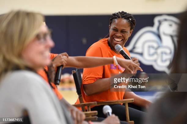Taj McWilliams-Franklin talks to young fans during the 2019 WNBA Her Time to Play Clinic presented by AT&T on October 4 2019 at Connecticut College...