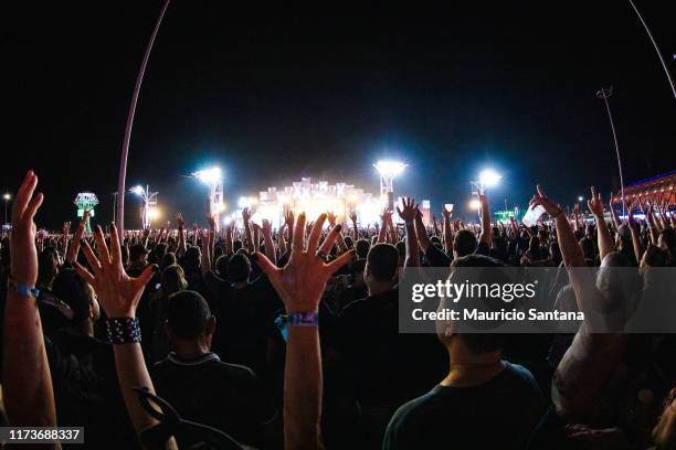 General view of the audience crowd at World Stage during day 5 of Rock In Rio Music Festival at Cidade do Rock on October 4, 2019 in Rio de Janeiro,...