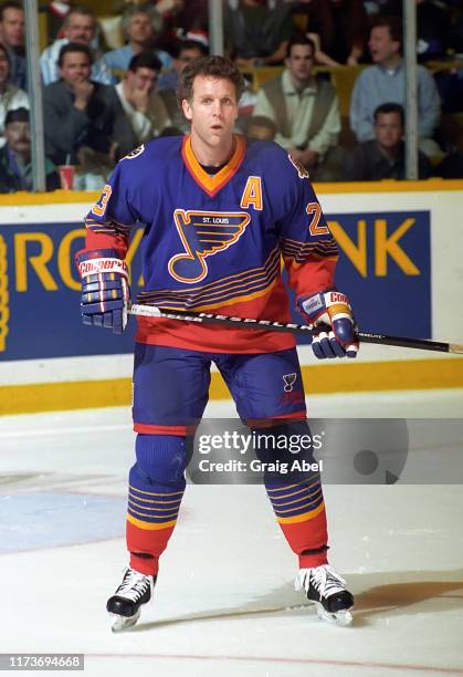 Craig MacTavish of the St. Louis Blues skates against the Toronto Maple Leafs during NHL game action on April 6, 1996 at Maple Leaf Gardens in...