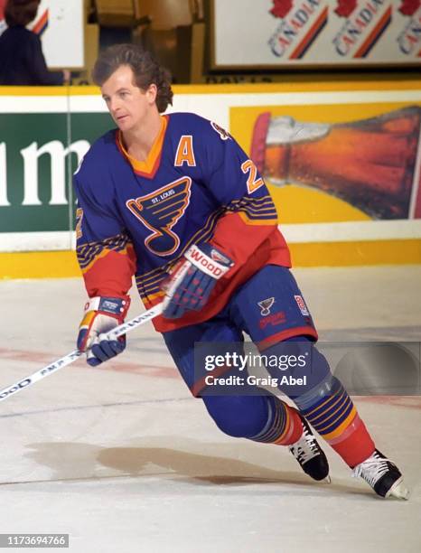 Al MacInnis of the St. Louis Blues skates against the Toronto Maple Leafs during NHL game action on April 6, 1996 at Maple Leaf Gardens in Toronto,...