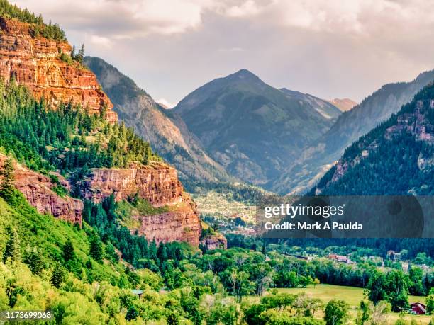 ouray colorado in middle of three tall mountains - ouray colorado stock pictures, royalty-free photos & images