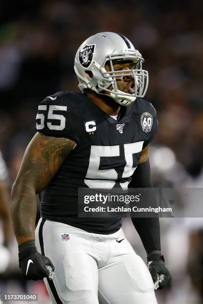 Vontaze Burfict of the Oakland Raiders reacts after making a tackle in the first half of the game against the Denver Broncos at RingCentral Coliseum...