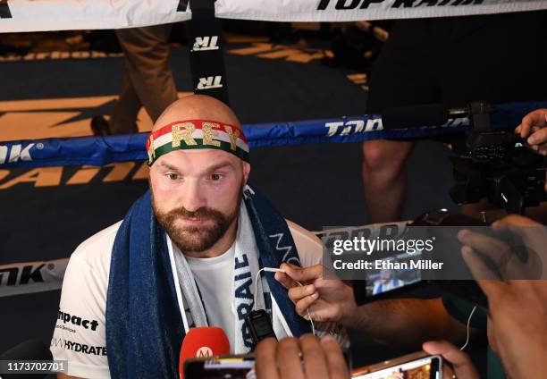 Boxer Tyson Fury speaks with members of the media after working out at MGM Grand Hotel & Casino on September 10, 2019 in Las Vegas, Nevada. Fury will...