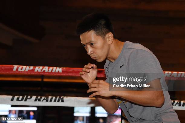 Boxer Juan Miguel Elorde works out at MGM Grand Hotel & Casino on September 10, 2019 in Las Vegas, Nevada. Elorde will challenge WBO super...