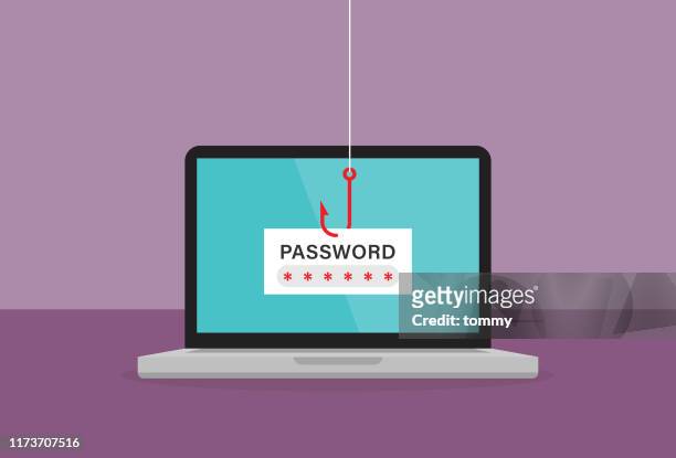 ilustrações de stock, clip art, desenhos animados e ícones de the red fishing hook is stealing password on a laptop - violence