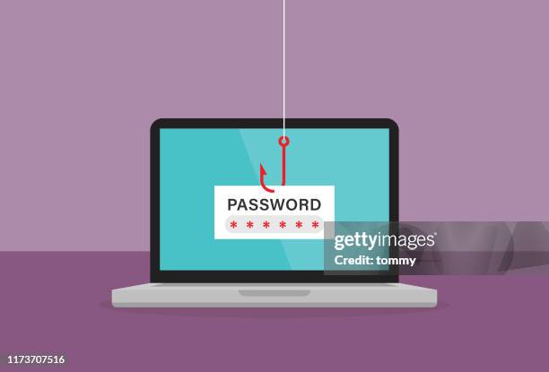 the red fishing hook is stealing password on a laptop - phishing stock illustrations