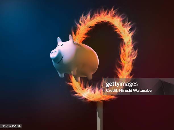 piggy bank diving through a ring of fire - odds stock-fotos und bilder