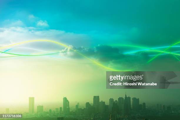 cityscape with abstract light trail - cloud computing city stock pictures, royalty-free photos & images