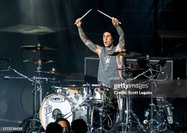 Travis Barker of Blink-182 performs at DTE Energy Music Theater on September 10, 2019 in Clarkston, Michigan.