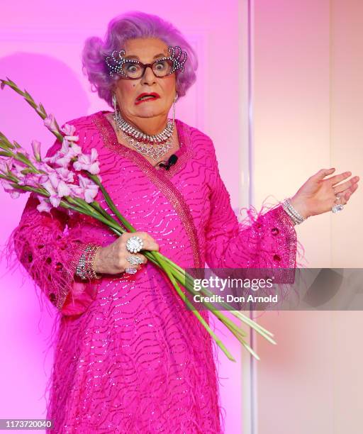 Dame Edna Everage poses during a High Tea launch event at The Langham on September 11, 2019 in Sydney, Australia.