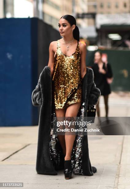Vanessa Hudgens is seen wearing a Vera Wang dress outside the Vera Wang show during New York Fashion Week S/S20 on September 10, 2019 in New York...