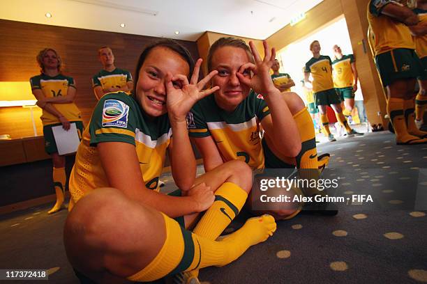 Caitlin Foord and Teigen Allen of Australia during the FIFA portrait session on June 26, 2011 in Dusseldorf, Germany.