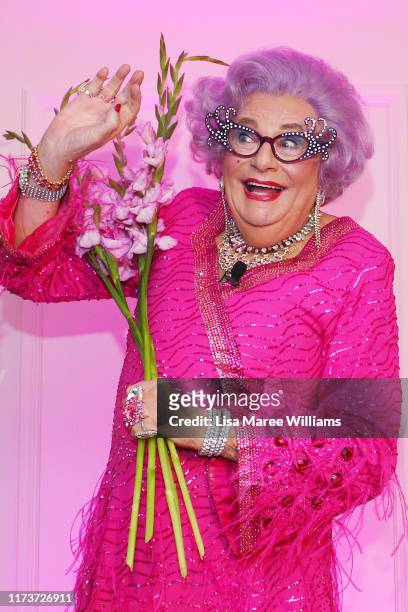 Dame Edna Everage hosts high tea ahead of her My Gorgeous Life national tour on September 11, 2019 in Sydney, Australia.