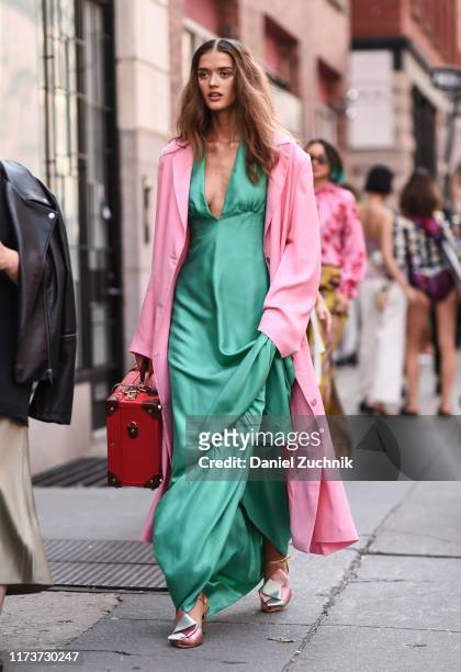 Model Anastasia Panasenko is seen wearing a Cynthia Rowley outfit outside the Cynthia Rowley show during New York Fashion Week S/S20 on September 10,...