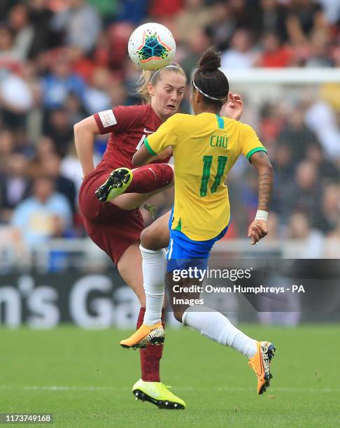 Englands Keira Walsh and Barbosa Francisleide during the International Friendly match at the Riverside Stadium, Middlesbrough.
