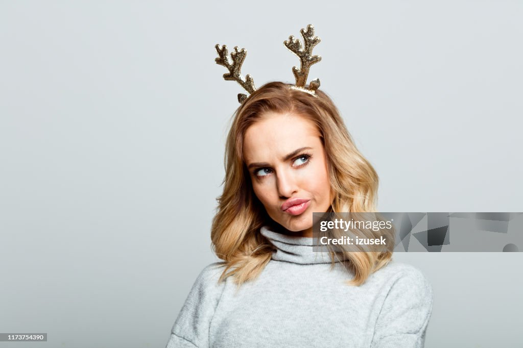 Christmas portrait of beautiful woman, close up of face stock photo