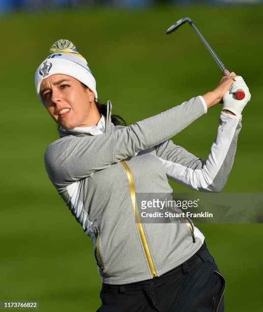 Georgia Hall of Team Europe plays a shot during a practice round prior to the start of The Solheim Cup at Gleneagles on September 11, 2019 in...