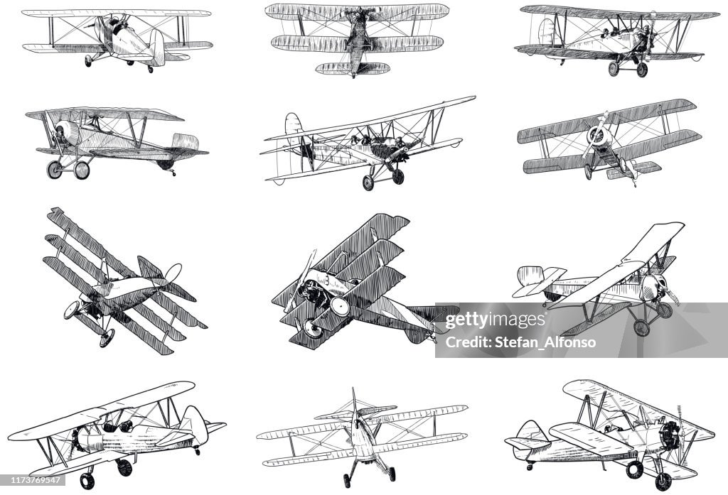 Conjunto de dibujos de planos antiguos sobre fondo blanco. Ilustraciones vectoriales de estilo tradicional de aviones vintage