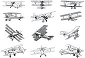 Set of drawings of old planes on white background. Traditional style vector illustrations of vintage aircraft