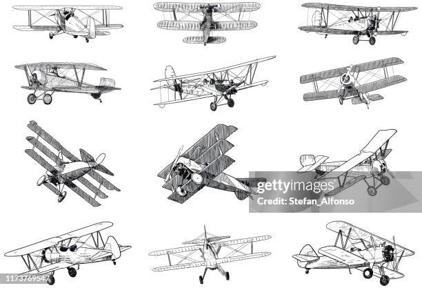 set of drawings of old planes on white background. traditional style vector illustrations of vintage aircraft - air travel stock illustrations