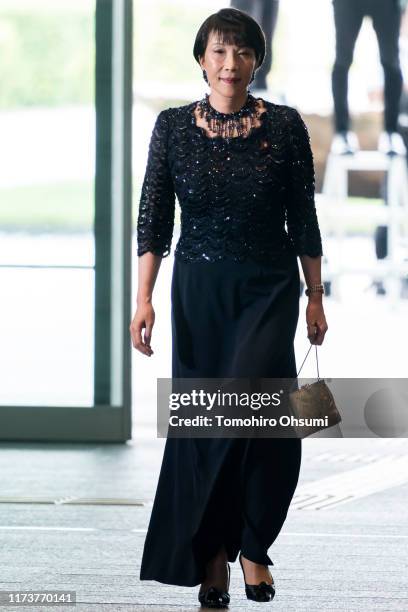 Japan's newly appointed Minister of Internal Affairs and Communications Sanae Takaichi arrives at the prime minister's official residence on...