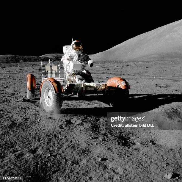 Eugene A. Cernan in LRV driving on the moon