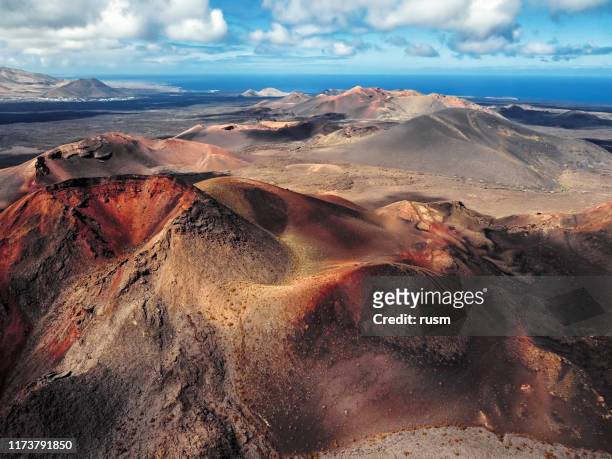 aerial volcanic landscape, timanfaya national park, lanzarote, canary islands, spain - timanfaya national park stock pictures, royalty-free photos & images