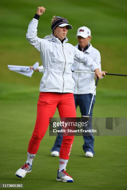 Jessica Korda of Team USA celebrates during a practice round prior to the start of The Solheim Cup at Gleneagles on September 11, 2019 in...