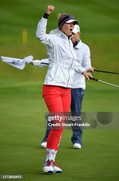 Jessica Korda of Team USA celebrates during a practice round prior to the start of The Solheim Cup at Gleneagles on September 11, 2019 in...