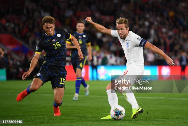 Harry Kane of England shoots and scores his teams second goal during the UEFA Euro 2020 qualifier match between England and Kosovo at St. Mary's...